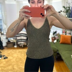 Vintage Lace Overlay V Neck Green Tank Top